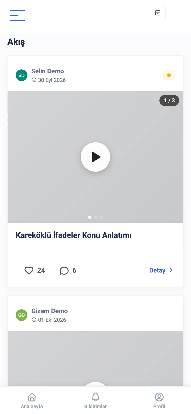 Okulun mobil uygulamasında kurum paylaşım akışı