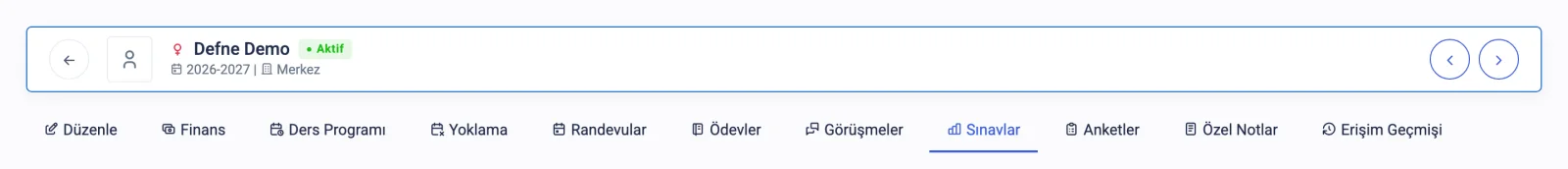 Öğrenci kartı: finans, ders programı, yoklama, randevular, ödevler, görüşmeler, sınavlar ve anketler aynı profilde