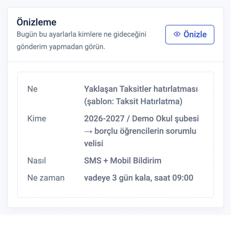 Kural önizlemesi: yaklaşan taksit hatırlatması kime, nasıl, ne zaman gider